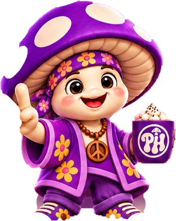 Hugsy, our happy Purple Hippy mushroom character holding hot chocolate